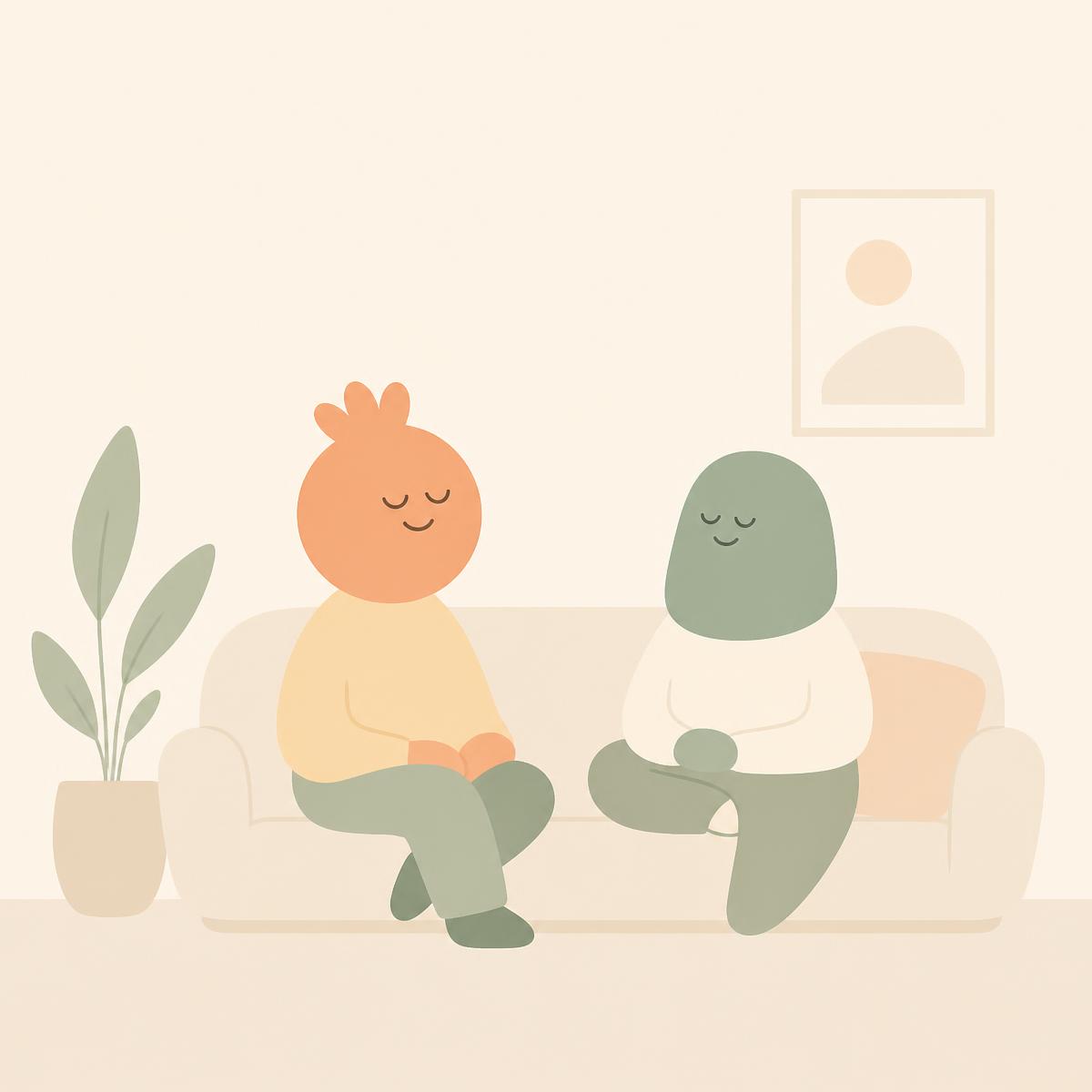 Two friendly characters sharing a calm, cozy apartment